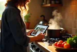 A cozy kitchen scene featuring a person cooking with a digital tablet displaying NYT Cooking, surrounded by fresh vegetables, herbs, and a steaming pot on the stove.