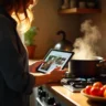 A cozy kitchen scene featuring a person cooking with a digital tablet displaying NYT Cooking, surrounded by fresh vegetables, herbs, and a steaming pot on the stove.