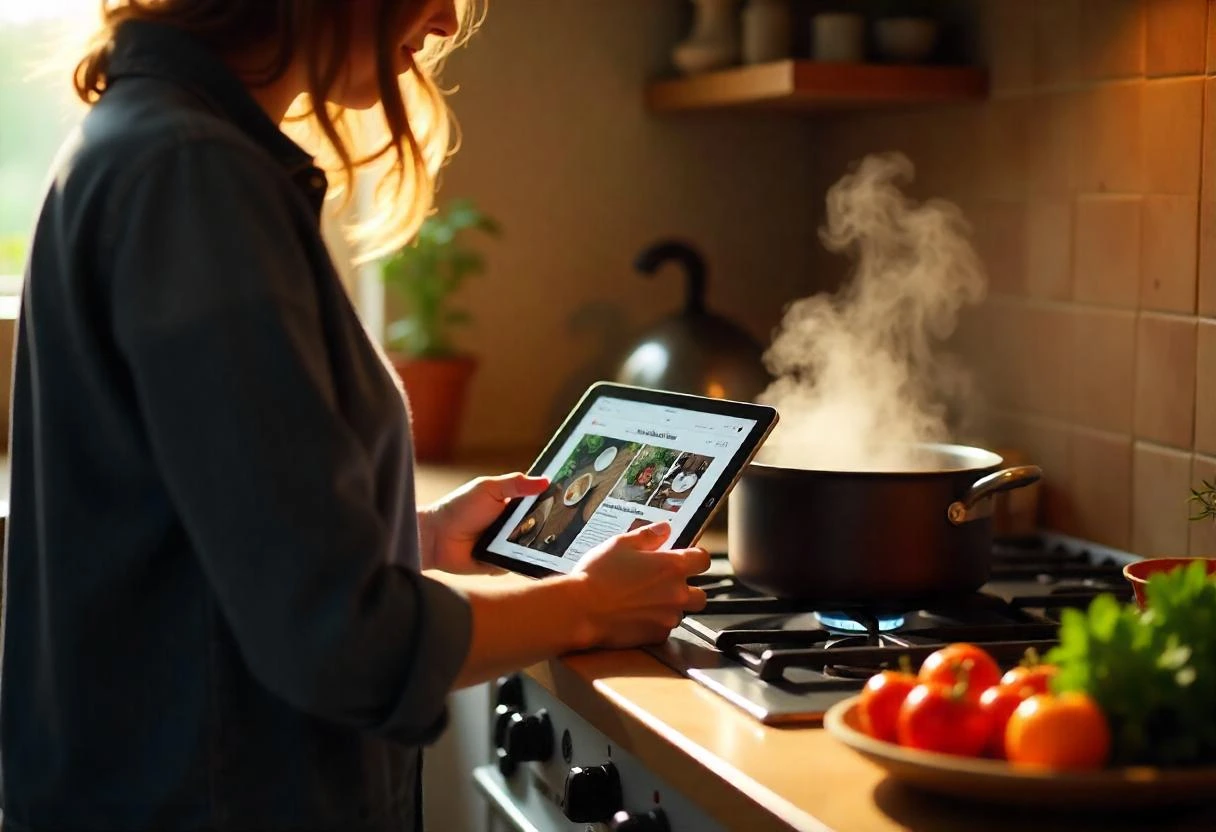 A cozy kitchen scene featuring a person cooking with a digital tablet displaying NYT Cooking, surrounded by fresh vegetables, herbs, and a steaming pot on the stove.
