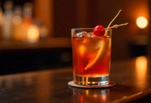 A classic Manhattan cocktail garnished with a maraschino cherry and citrus peel in an elegant, dimly lit bar.