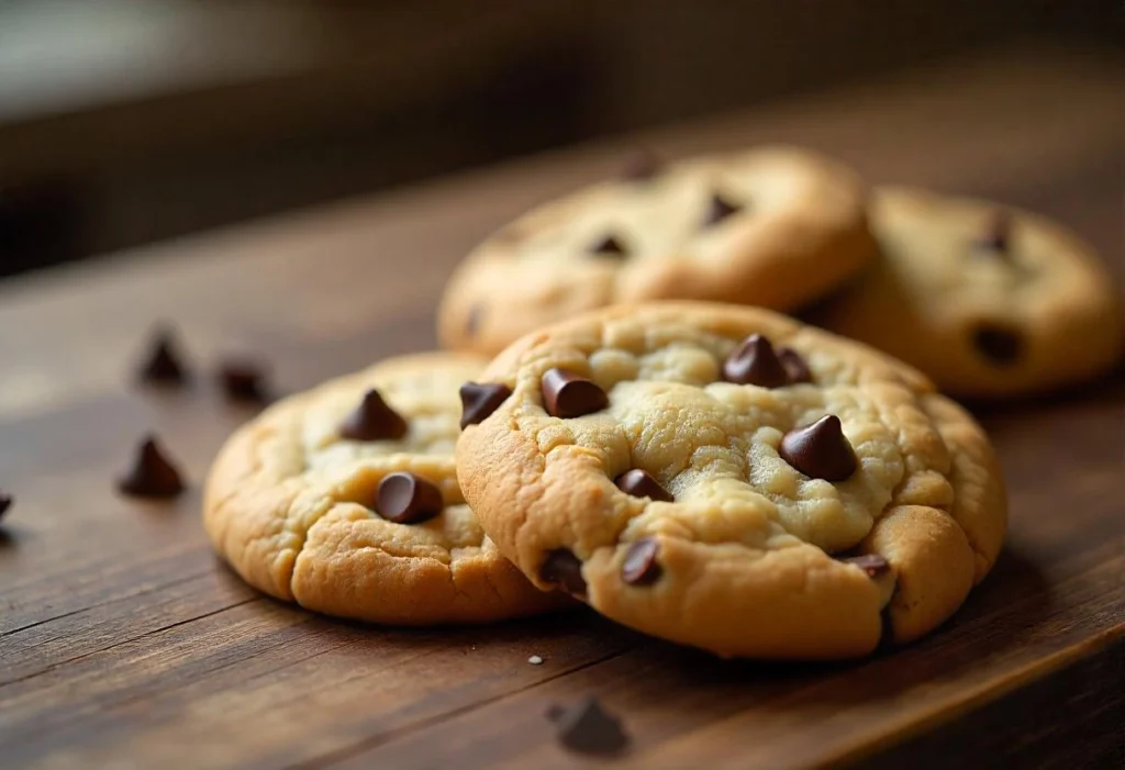 Soft and chewy homemade chocolate chip cookies with golden edges, freshly baked on a rustic wooden table.