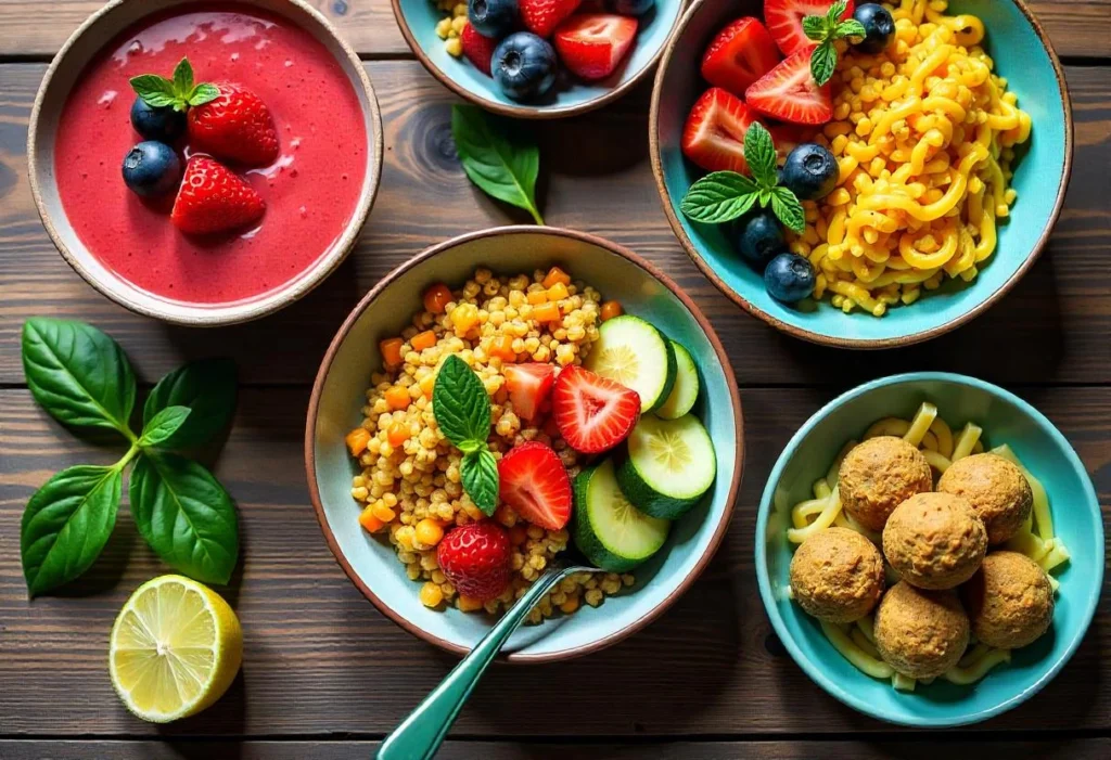Colorful gluten-free vegan dishes including quinoa Buddha bowl, tofu scramble, smoothie bowl, zucchini noodles, and energy bites arranged on a rustic wooden table.