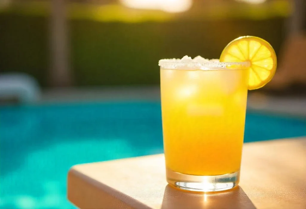 Refreshing margarita cocktail with salted rim and lime wedge, served in a classic glass on a sunny summer day.