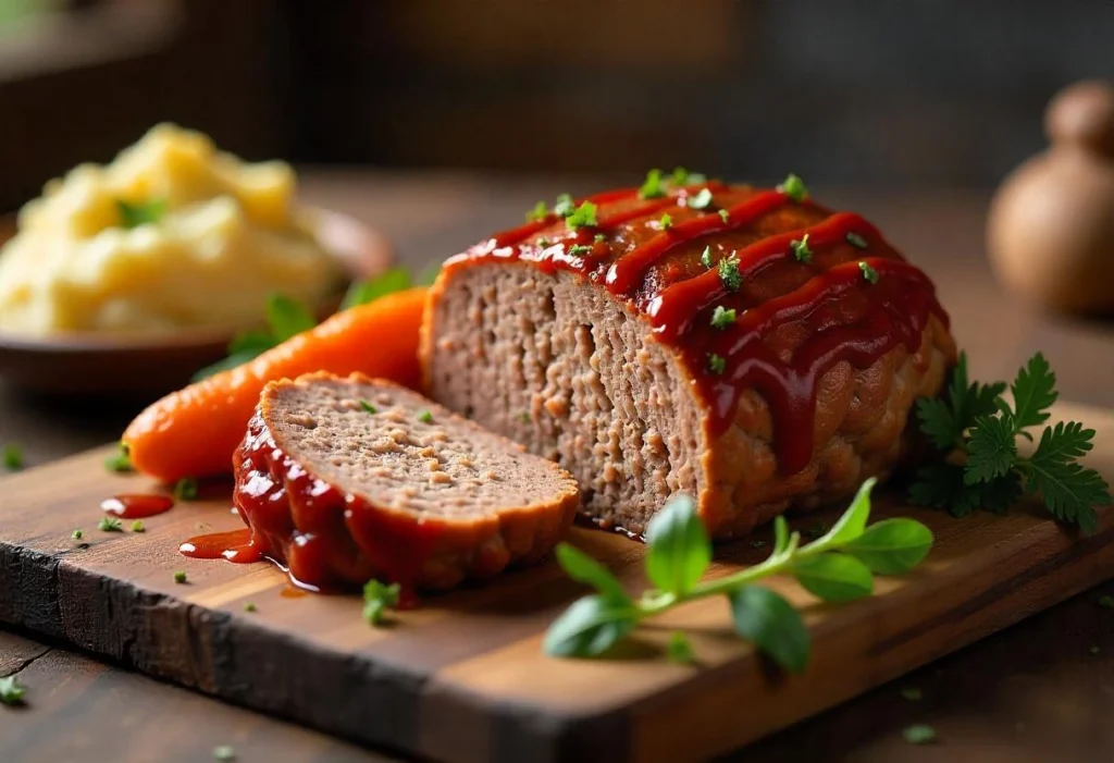 Homemade classic meatloaf with a caramelized glaze, served with mashed potatoes and roasted vegetables on a rustic table.
