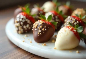 Gourmet chocolate covered strawberries with assorted toppings on a marble platter