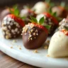 Gourmet chocolate covered strawberries with assorted toppings on a marble platter