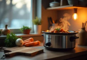 Cozy kitchen with a slow cooker filled with hearty stew, carrots, onions, and herbs on the counter, soft warm lighting