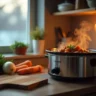 Cozy kitchen with a slow cooker filled with hearty stew, carrots, onions, and herbs on the counter, soft warm lighting
