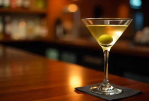 Classic martini cocktail in a sleek glass with a green olive garnish, set in a sophisticated bar atmosphere.