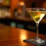 Classic martini cocktail in a sleek glass with a green olive garnish, set in a sophisticated bar atmosphere.