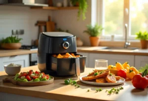 A healthy kitchen with an air fryer surrounded by colorful dishes, fresh vegetables, and spices.