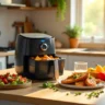 A healthy kitchen with an air fryer surrounded by colorful dishes, fresh vegetables, and spices.