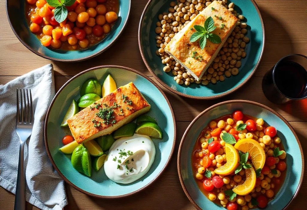 Spanish diabetes-friendly meal spread with grilled fish, vegetable paella, lentil stew, avocado toast, and Greek yogurt with berries on a rustic table.