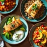 Spanish diabetes-friendly meal spread with grilled fish, vegetable paella, lentil stew, avocado toast, and Greek yogurt with berries on a rustic table.