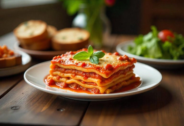 A cozy family dinner table with freshly baked lasagna, garlic bread, and green salad, under warm lighting