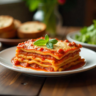 A cozy family dinner table with freshly baked lasagna, garlic bread, and green salad, under warm lighting