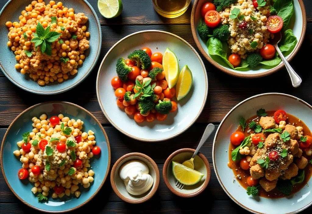Flat lay of diabetic-friendly dishes featuring colorful vegetables, lean proteins, and legumes on a rustic table