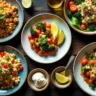 Flat lay of diabetic-friendly dishes featuring colorful vegetables, lean proteins, and legumes on a rustic table