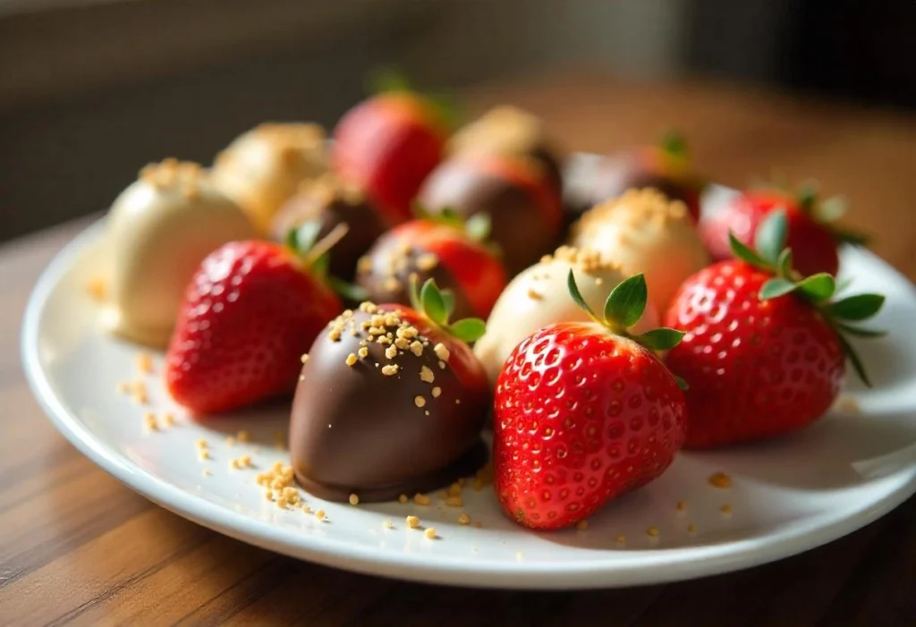 Assorted chocolate covered strawberries with gourmet toppings on a white plate.