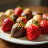 Assorted chocolate covered strawberries with gourmet toppings on a white plate.